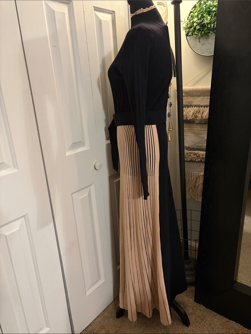 Black Long Sleeve Ribbed Knit Dress with Beige Pleated Side Panel - Picture 3 of 8